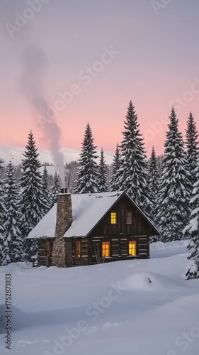 Cozy log cabin in a snowy forest at sunset with smoke rising from the chimney