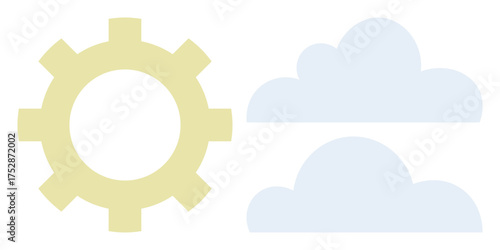 Yellow gear and two blue clouds represent collaboration, progress, cloud computing, engineering, data processing, innovation, and teamwork. Ideal for business, technology and digital transformation