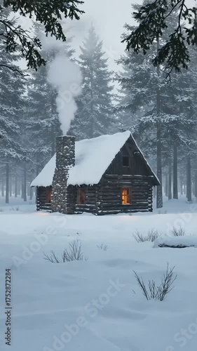 Cozy log cabin in a snowy forest with smoke rising from the chimney during winter