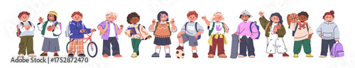 School kids set. Diverse schoolkids, happy children, boys and girls in casual clothes. Child student characters with bag, skateboard, ball. Flat vector illustration isolated on white background