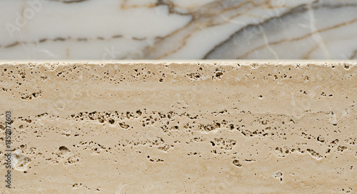 Close up of porous travertine stone with horizontal bands and marble background texture detail