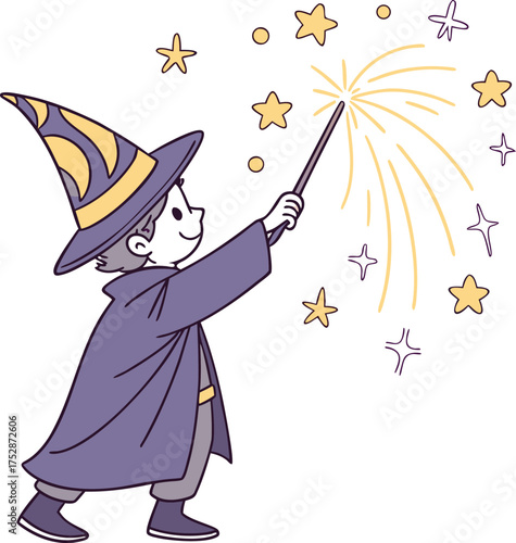 Whimsical wizard conjures sparkling fireworks and stars with magic wand isolated on transparent background