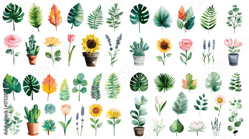 Beautiful watercolor collection of tropical leaves, flowers, and potted plants. Ideal for design projects, wedding invitations, and botanical prints.
