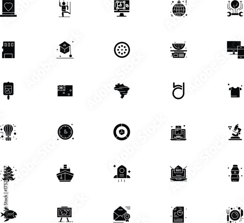 Diverse black silhouette icons representing various concepts and objects in a grid