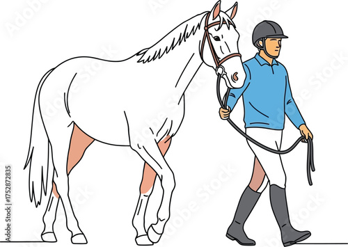 Equestrian handler calmly leads a white horse with bridle and reins in a simple illustration.