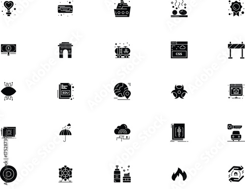Collection of diverse vector icons representing various concepts and symbols in black