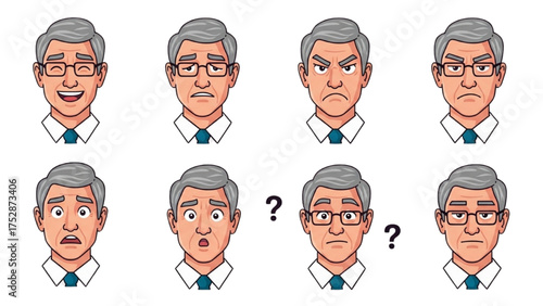 Comprehensive Set of Senior Male Facial Expressions Diverse Emotions and Reactions for Character Design and UI