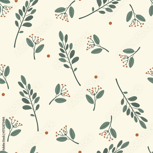 Christmas seamless pattern with holly leaves and berries on white background. Vector illustration for wrapping paper.