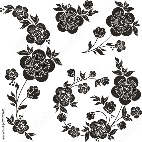 Floral vector sakura ornamental set with blossom and flowers in traditional Japanese style. Exquisite greeting card, page, textile, wedding decoration designs, vinyl and laser ready.