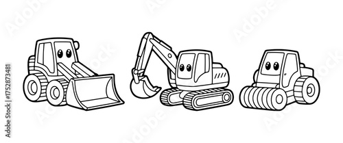 Cartoon construction vehicles with smiling faces working on a building site during daytime