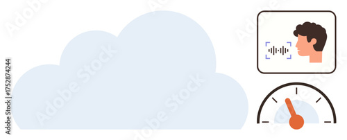 Large cloud shape, face with soundwave for voice recognition, gauge with needle indicating speed or performance. Ideal for technology, data storage, AI, innovation, communication, efficiency digital