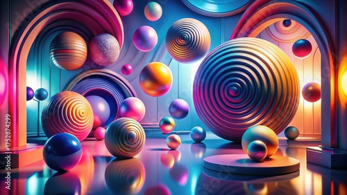 Abstract vibrant sphere composition featuring colorful geometric forms and reflective surfaces within an arched interior space