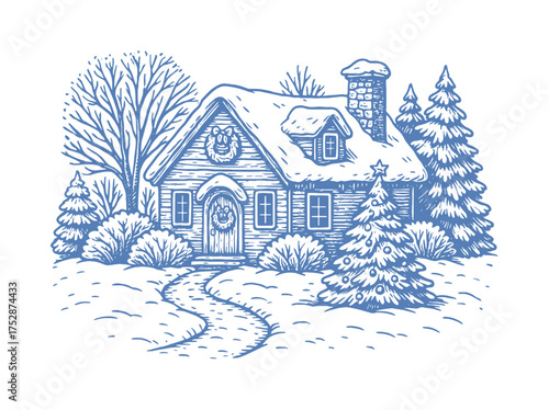 Winter holiday cottage with snowy trees engraving vector illustration