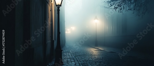 Foggy, cobblestone alley at night