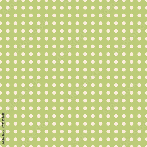Seamless grid pattern with cream polka dots on a gentle lime green base. Suitable for modern decor, packaging, and digital design.