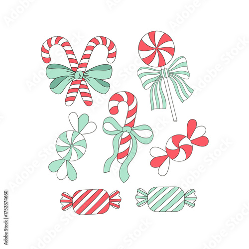 Preppy Retro Coquette Merry Christmas Peppermint Candy Clipart Set, Cute Vintage Holiday Sweets Illustration, Aesthetic Festive Red and White Candy Art