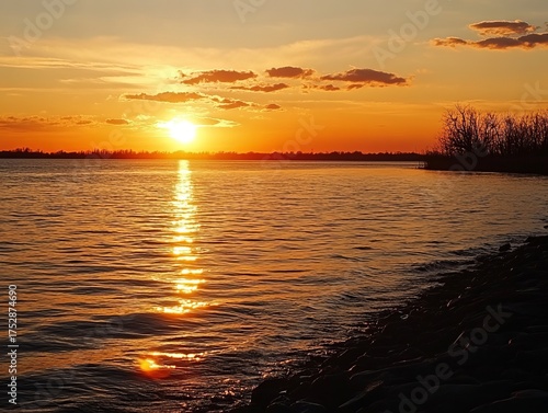 Golden sunset over calm river