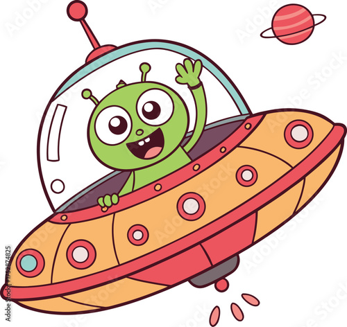 Smiling alien in flying saucer waving hello in outer space adventure isolated on transparent background