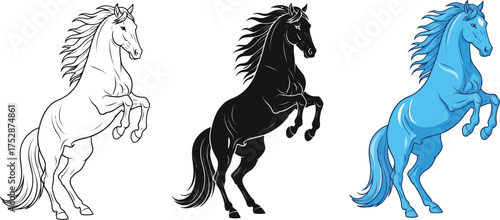 Majestic horses rearing up in dynamic poses, showcasing power and grace in outline, silhouette, and vibrant color.