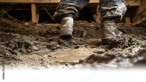Muddy Boots Stomping Through a Flooded Crawl Space After a Storm