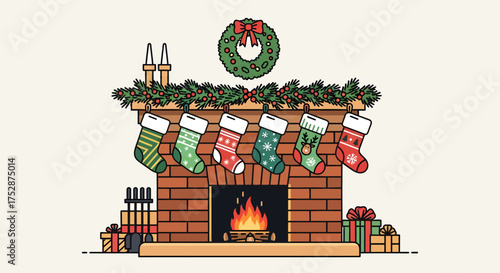 Cozy Christmas fireplace with hanging stockings and festive decorations.