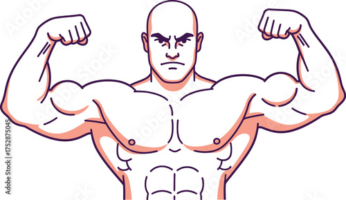Muscular man flexing biceps with determined expression, showcasing strength and power