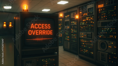 The dimly lit control room, a relic of past technology, showcases vintage monitors displaying 'ACCESS OVERRIDE', underscoring the suspense of a high-tech setting.