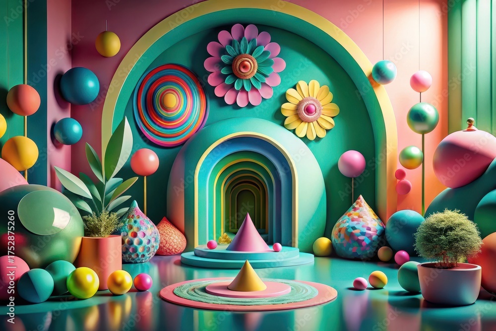 Fototapeta premium Vibrant Abstract Scene with Colorful Geometric Shapes, Floral Elements, and Lush Greenery in a Playful, Modern Setting