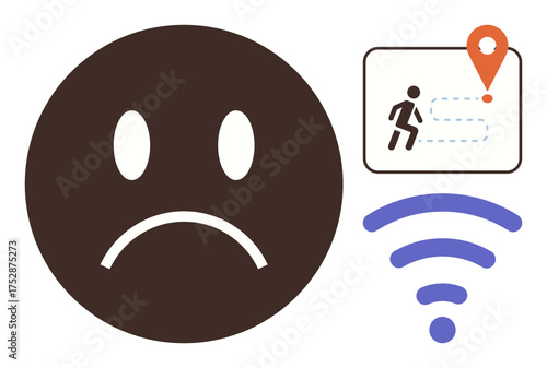 Brown sad face, wireless signal, and tracking map with a location marker and walking path. Ideal for connectivity problems, tech frustration, offline navigation, user experience, digital dependency