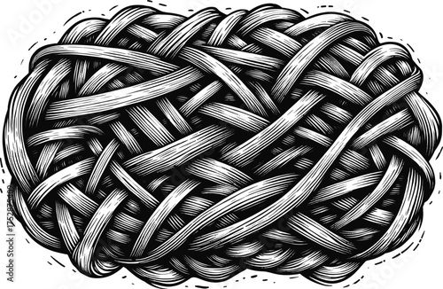  Dense, detailed black and white rope tangle illustration with interwoven strands and textures. Ideal for design, craft, editorial, or branding uses highlighting complexity and strength
