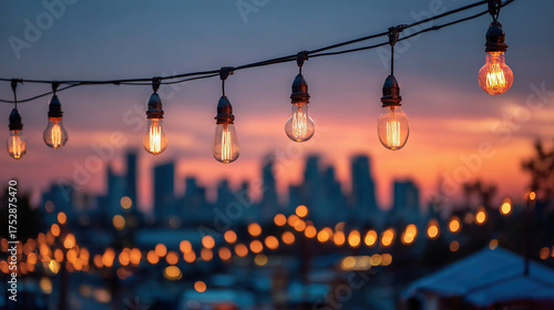 Many glowing vintage lightbulbs hang against a vibrant city skyline at sunset, creating a magical urban scene