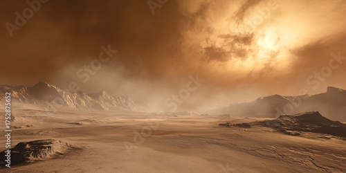 Martian landscape under a dusty sky
