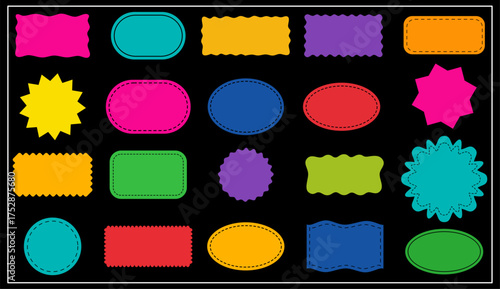 A vibrant vector set of colorful label and sticker shapes, featuring varied borders and forms on a black background. perfect for tags, packaging, scrapbooking, and digital design.