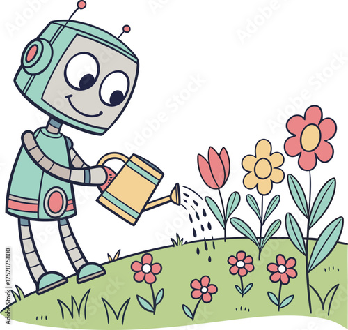 Whimsical robot tending a colorful blooming flower garden with watering can isolated on transparent background