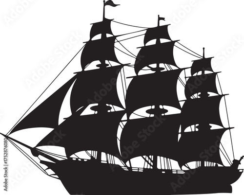 Silhouette of old ship with sails dark tall sailing vessel at sea against transparent background exactly 130 characters long vector