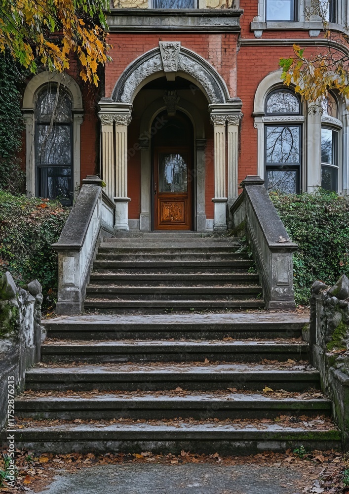 Naklejka premium Old stone steps leading to a grand, red brick home with arched entryway. Autumn leaves litter the steps