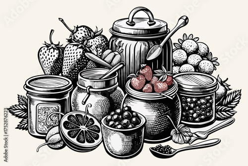 Homemade Berry Jam and Preserves with Fresh Fruits and Mason Jars – Vintage Line Art.