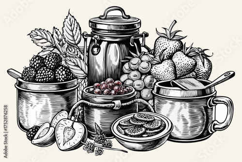Homemade Berry Jam and Preserves with Fresh Fruits and Mason Jars – Vintage Line Art.