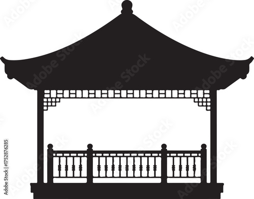 Gazebo silhouette vector with railing and oriental roof for decorating backyard gardens or creating background for asian themed ads