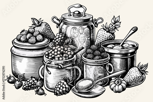 Homemade Berry Jam and Preserves with Fresh Fruits and Mason Jars – Vintage Line Art.