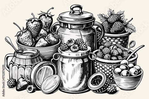 Homemade Berry Jam and Preserves with Fresh Fruits and Mason Jars – Vintage Line Art.