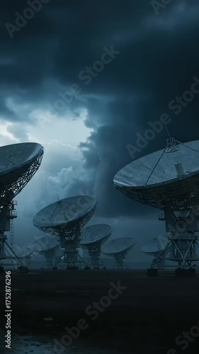 Dramatic stormy sky over satellite dishes capturing signals in a remote location