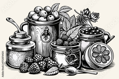Homemade Berry Jam and Preserves with Fresh Fruits and Mason Jars – Vintage Line Art.