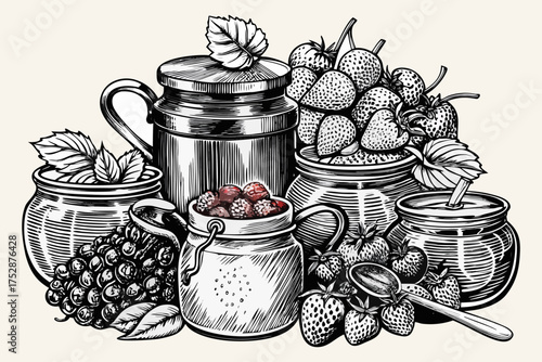 Homemade Berry Jam and Preserves with Fresh Fruits and Mason Jars – Vintage Line Art.
