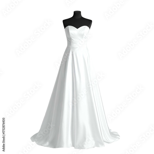 A strapless, white satin gown on a black dress form, ideal for a wedding