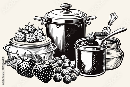 Homemade Berry Jam and Preserves with Fresh Fruits and Mason Jars – Vintage Line Art.