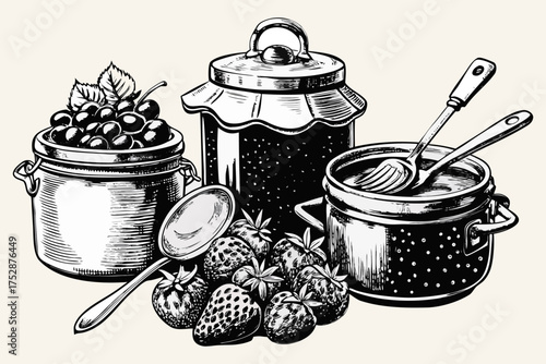 Homemade Berry Jam and Preserves with Fresh Fruits and Mason Jars – Vintage Line Art.