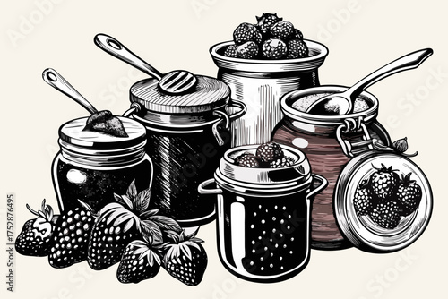 Homemade Berry Jam and Preserves with Fresh Fruits and Mason Jars – Vintage Line Art.