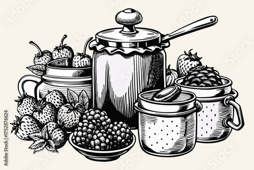 Homemade Berry Jam and Preserves with Fresh Fruits and Mason Jars – Vintage Line Art.