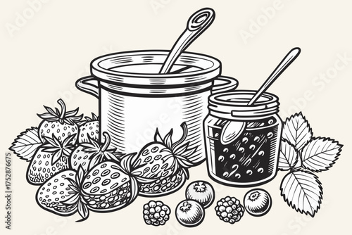 Homemade Berry Jam and Preserves with Fresh Fruits and Mason Jars – Vintage Line Art.